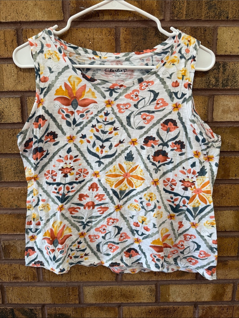 Charlies White Floral Tile Print Tank with Orange & Yellow Accents